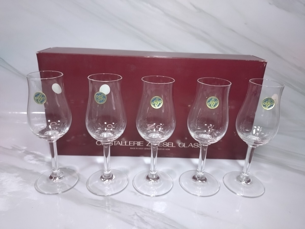 管W834 【未使用】HOYA 保谷クリスタル シェリーグラス 5客 UZS5260 ショットツヴィーゼル 西ドイツ製 元箱付