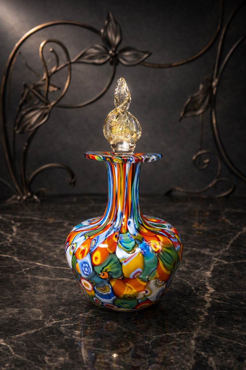管R323 MURANO ITALY ムラノ 金彩 蓋付 ミルフィオリ パフュームボトル 香水瓶 ヴェネチアン ムラーノ島 ベネチアン ガラス 高さ約12cm