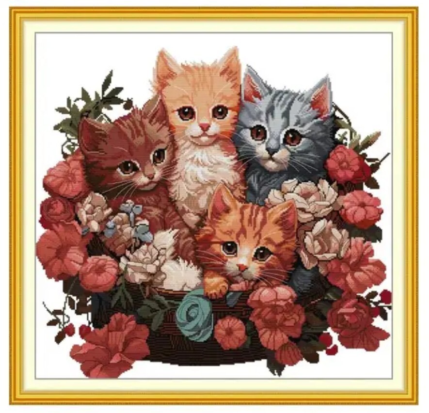 クロスステッチキット Cluster of kittens 猫 14CT 刺繍 布に図案印刷あり