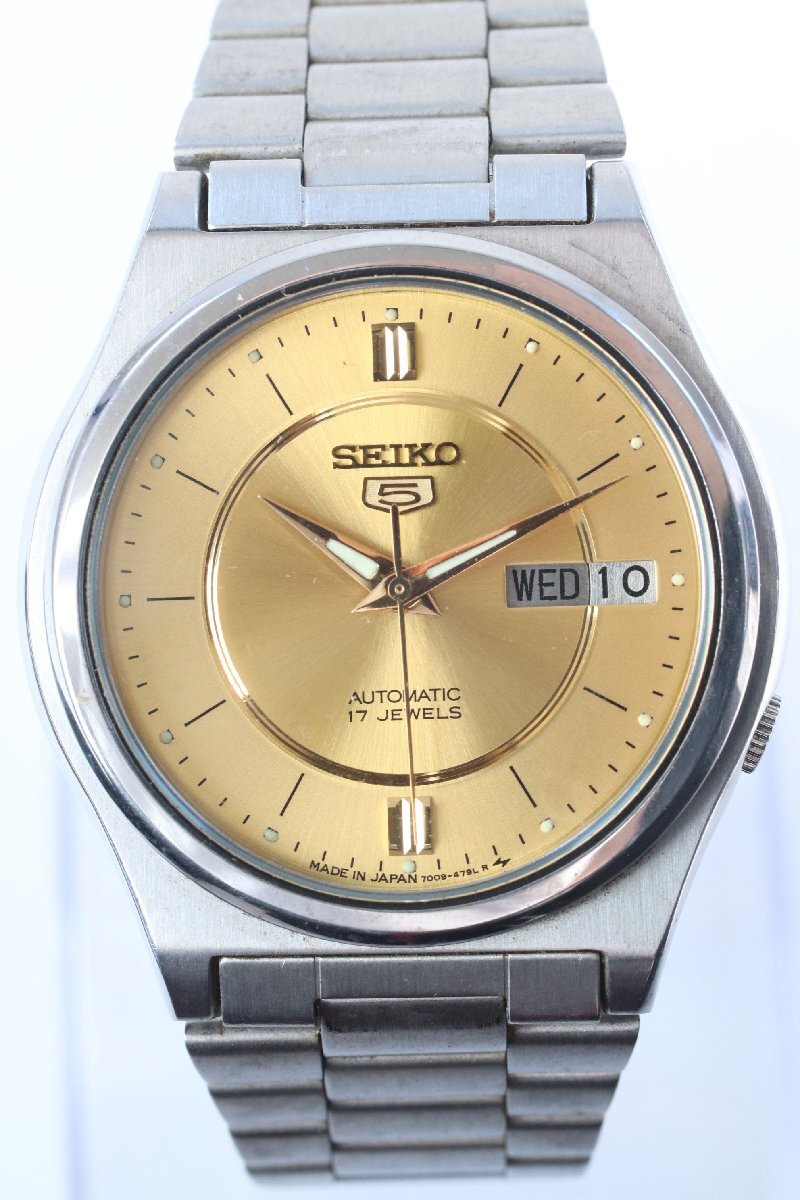 ★SEIKO 5 セイコー5 7009-3171 ゴールド文字盤 自動巻き デイデイト メンズ 腕時計 稼働品 1140-TE