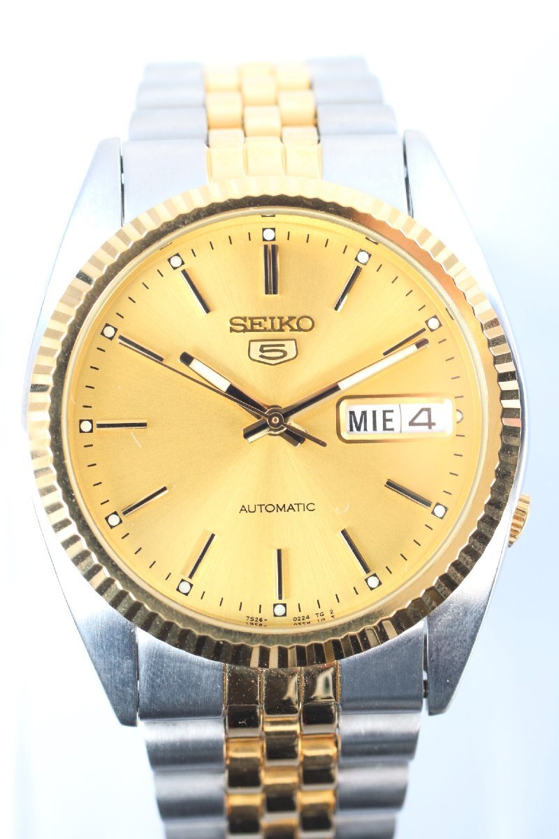 ★SEIKO 5 セイコー5 7S26-0500 ゴールド文字盤 裏スケルトン 自動巻き デイデイト メンズ 腕時計 稼働品 1153-TE