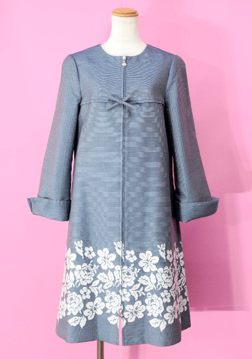 ☆美品☆エムズグレイシー/花柄ジャガードジップワンピースコート:38/青系yy580