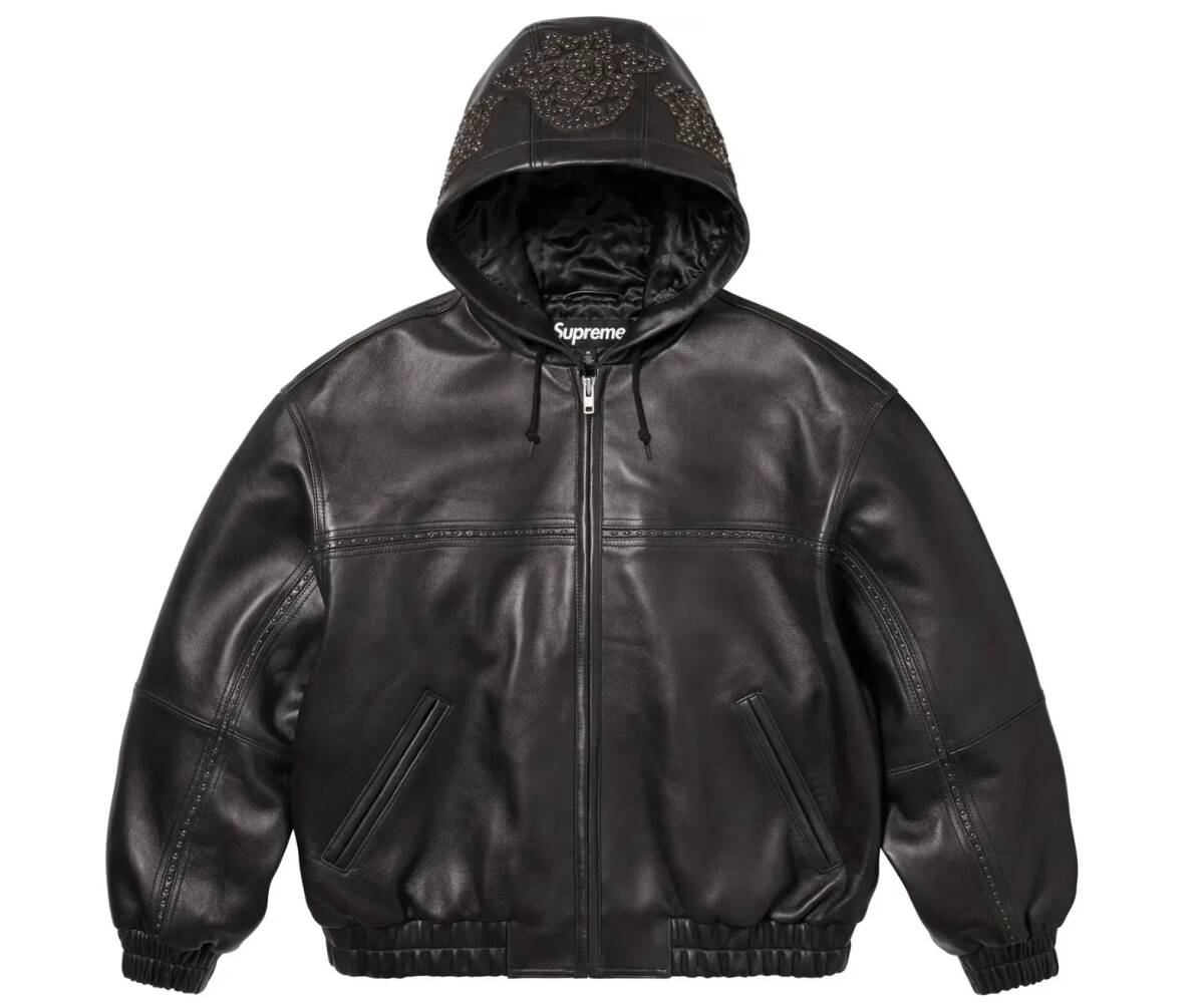 ★25SS サイズM 新品★Supreme Studded Hooded Leather Jacket Black★シュプリーム スタッズ フーデッド レザー ジャケット ブラック