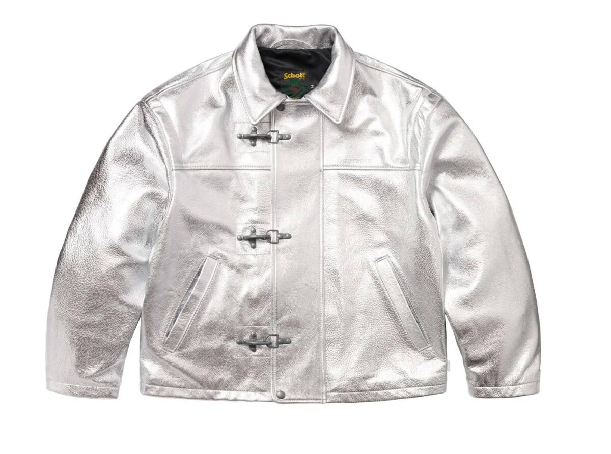 ★25SS サイズM新品★Supreme/Schott Leather Clip Jacket silver★シュプリーム x ショット レザー クリップ ジャケット シルバー★
