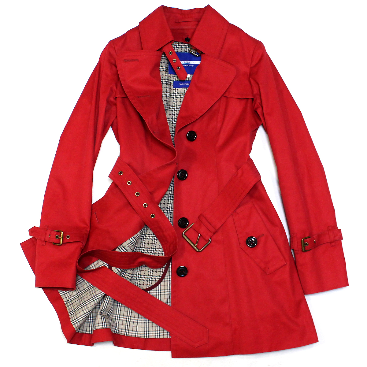美品 Burberry バーバリー ブルーレーベル コットン ライナー付きトレンチコート 36 レッド チェック総裏地 襟裏チェック ロゴ釦 コート