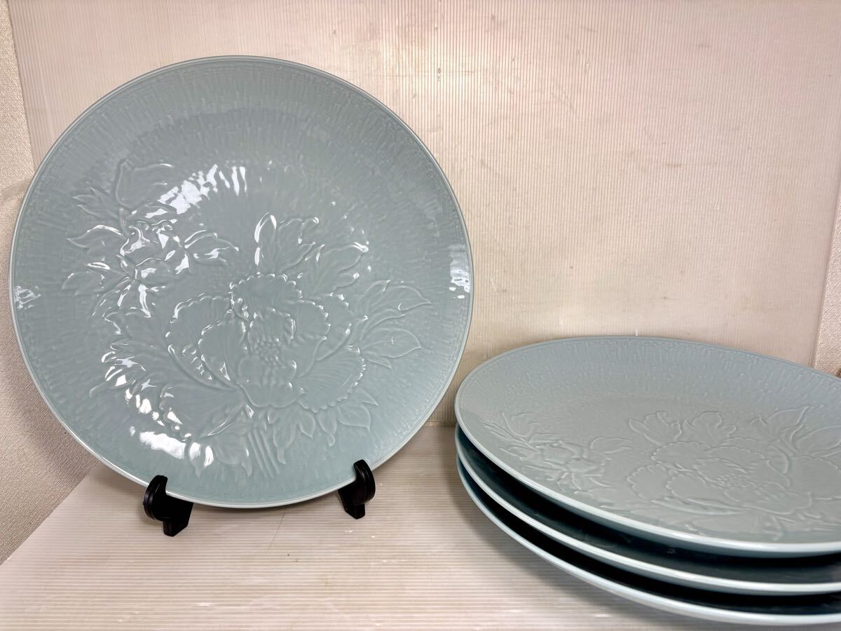 ★ 有田焼 青磁 大皿 4枚 約40cm×6.6cm 盛皿 割烹 料亭 旅館 食堂 居酒屋 和食器 中古品 31905 
