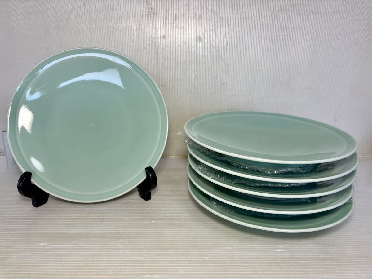 ★ 青磁 中皿 6枚 約25×3.8cm 盛皿 陶印 割烹 料亭 旅館 食堂 居酒屋 和食器 未使用品中古品 3190