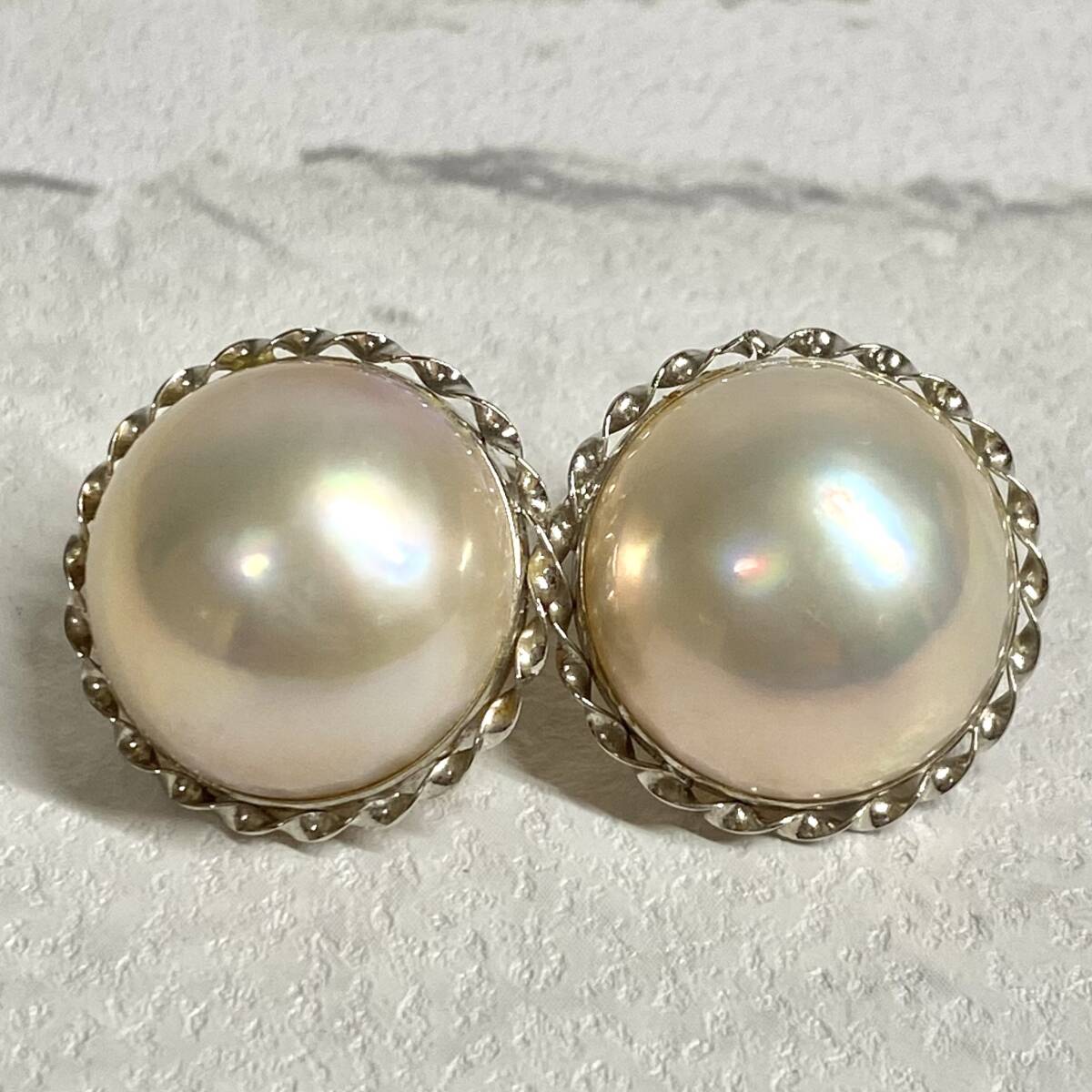【TH0314①？】K14WG刻印 パール付 イヤリング 2点 約8.7g マベパール 約16.4mm玉 パールアクセサリー ジュエリー