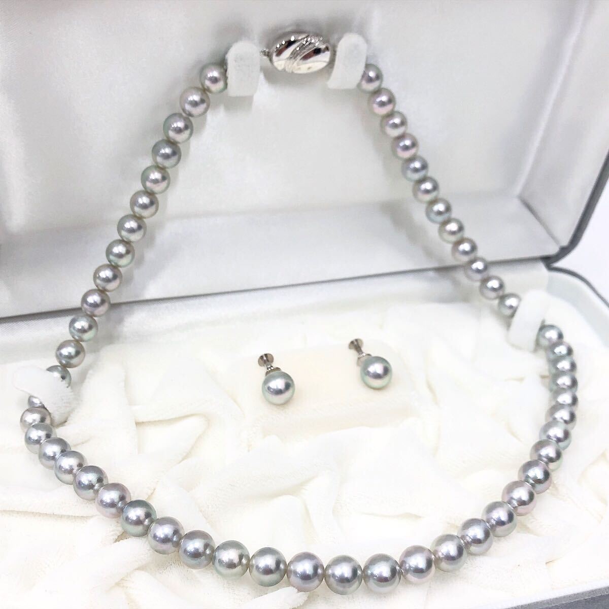 2220221 本真珠 パール/ネックレス シルバー刻　パール直径約7-7.5mm 34g 全長約42.5cm/イヤリング K14WG刻　パール直径約7.96mm 2.3g
