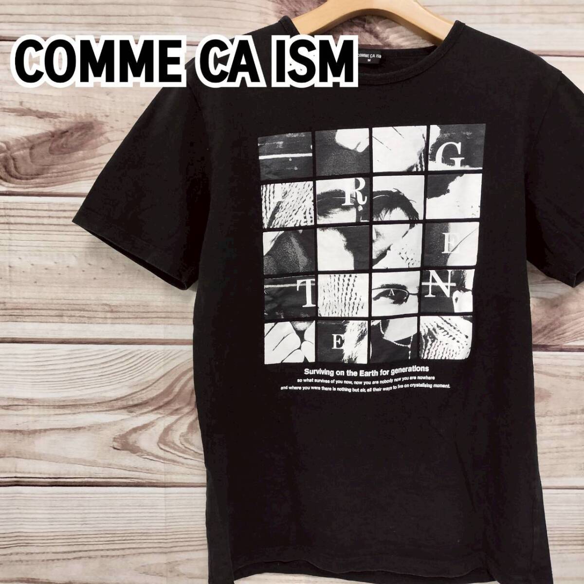 美品 COMME CA ISM コムサイズム レディース Tシャツ 半袖 カットソー フロントプリント フォト ブラック サイズM 綿100% モノトーン