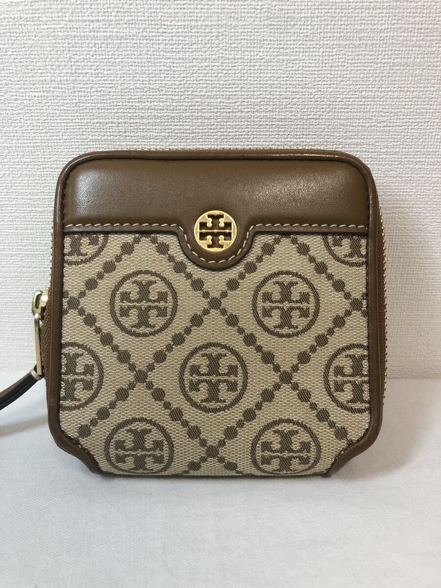A65 トリーバーチ TORY BURCH 二つ折り財布 ブラウン レザー ラウンドファスナー ベージュ 