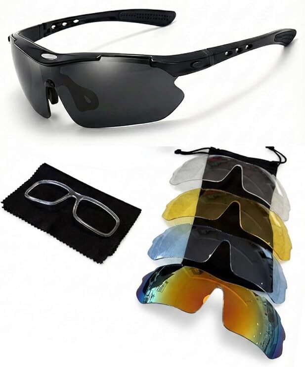 [MO FACTORY] スポーツサングラス 偏光レンズ 【交換レンズ5枚セット】 度付きインナーフレーム付 UV400 軽量 ランニング 野球 0311