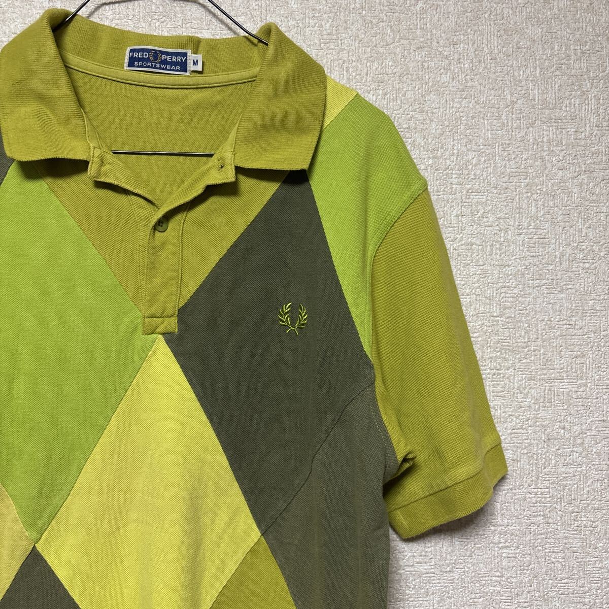 FRED PERRY ポロシャツ M アーガイル柄 切替 半袖 鹿の子 ロゴ刺繍