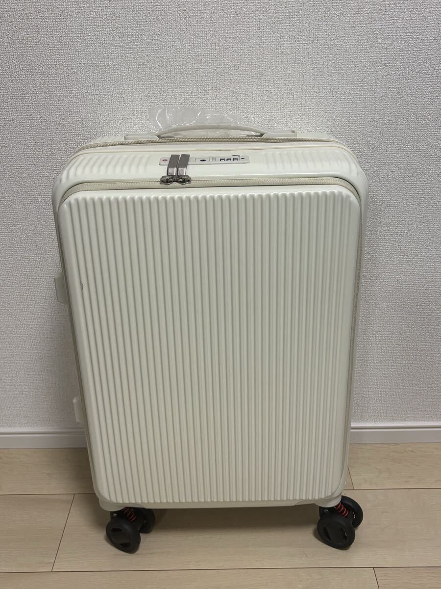 スーツケース キャリーケース フロントオープン 機内持ち込み 軽量 キャリーバッグ ストッパー カップホルダー付き ホワイト