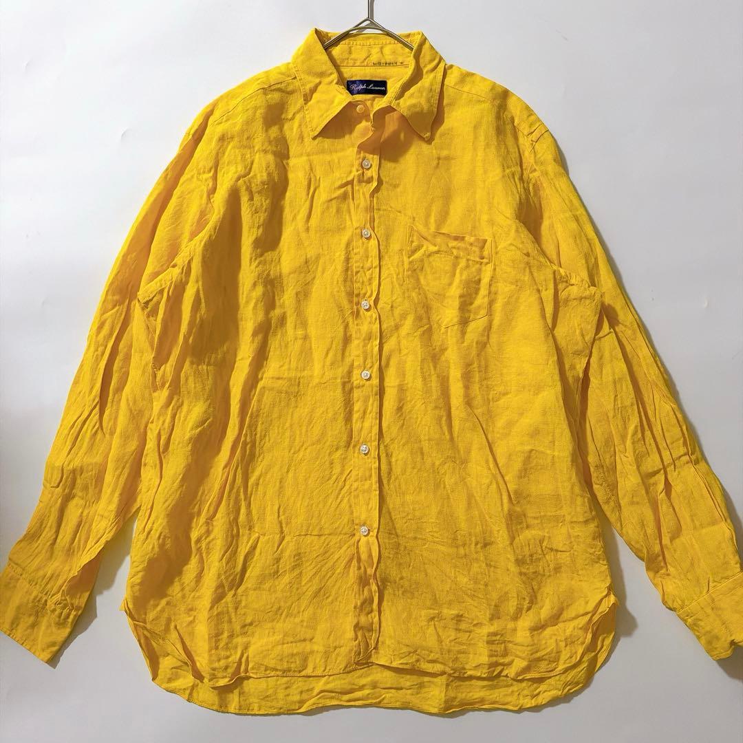 イタリア製 最高級ライン Ralph Lauren Purple Label ラルフローレン パープルレーベル リネン100% シャツ 麻 長袖シャツ L相当
