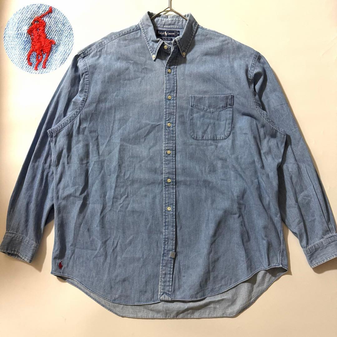 POLO Ralph Lauren ポロ ラルフローレン The Big Shirt ビッグシャツ デニム ダンガリー 赤ポニー刺繍 裾ポニー 長袖 90s 90年代 XL 大きい