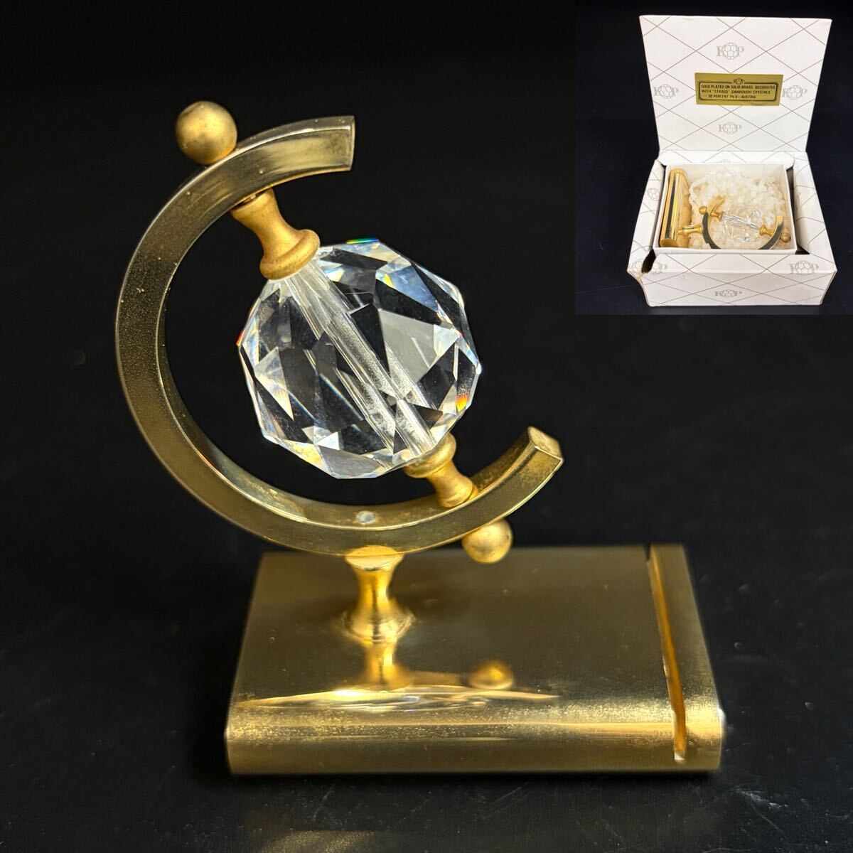 ◆ スワロフスキー 地球儀 モチーフ ペーパーウェイト 名刺立て 外箱 ◆ 金メッキ クリスタル オーストリア製 SWAROVSKI CRYSTAL【C5041】