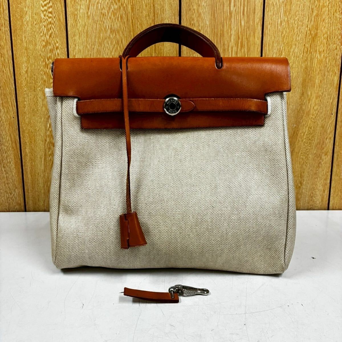 HERMES エルメス エールバッグPM エクリュ/ナチュラル SV金具 トワルアッシュ/レザー □E刻印 ハンドバッグ