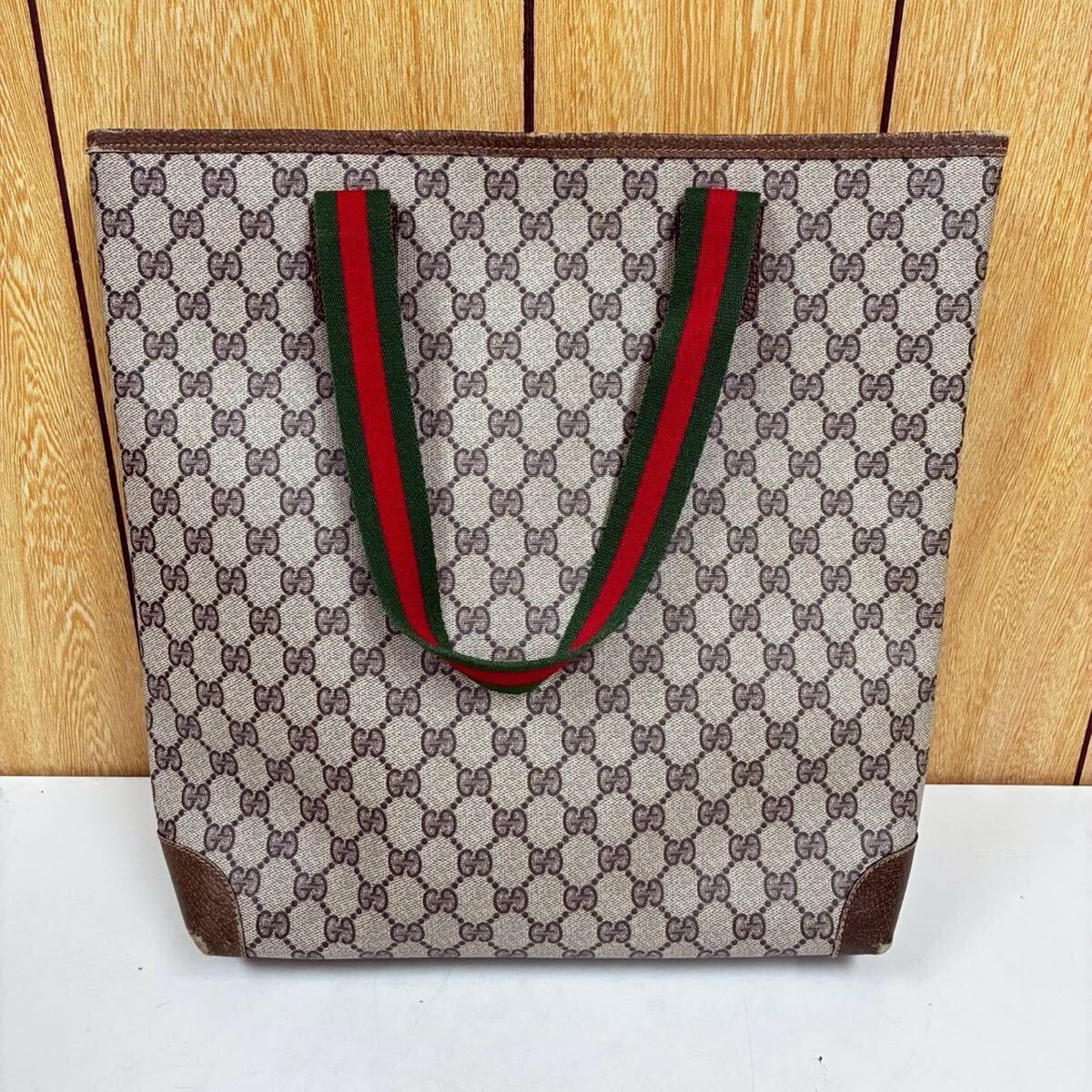 GUCCI グッチ GGスプリーム シェリーライン トートバッグ ブラウン PVC/レザー オールドグッチ　p