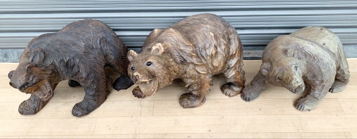 ガラス目?　古い木彫り熊 詳細不明 和 置物 木 大量　まとめて 3点 S28