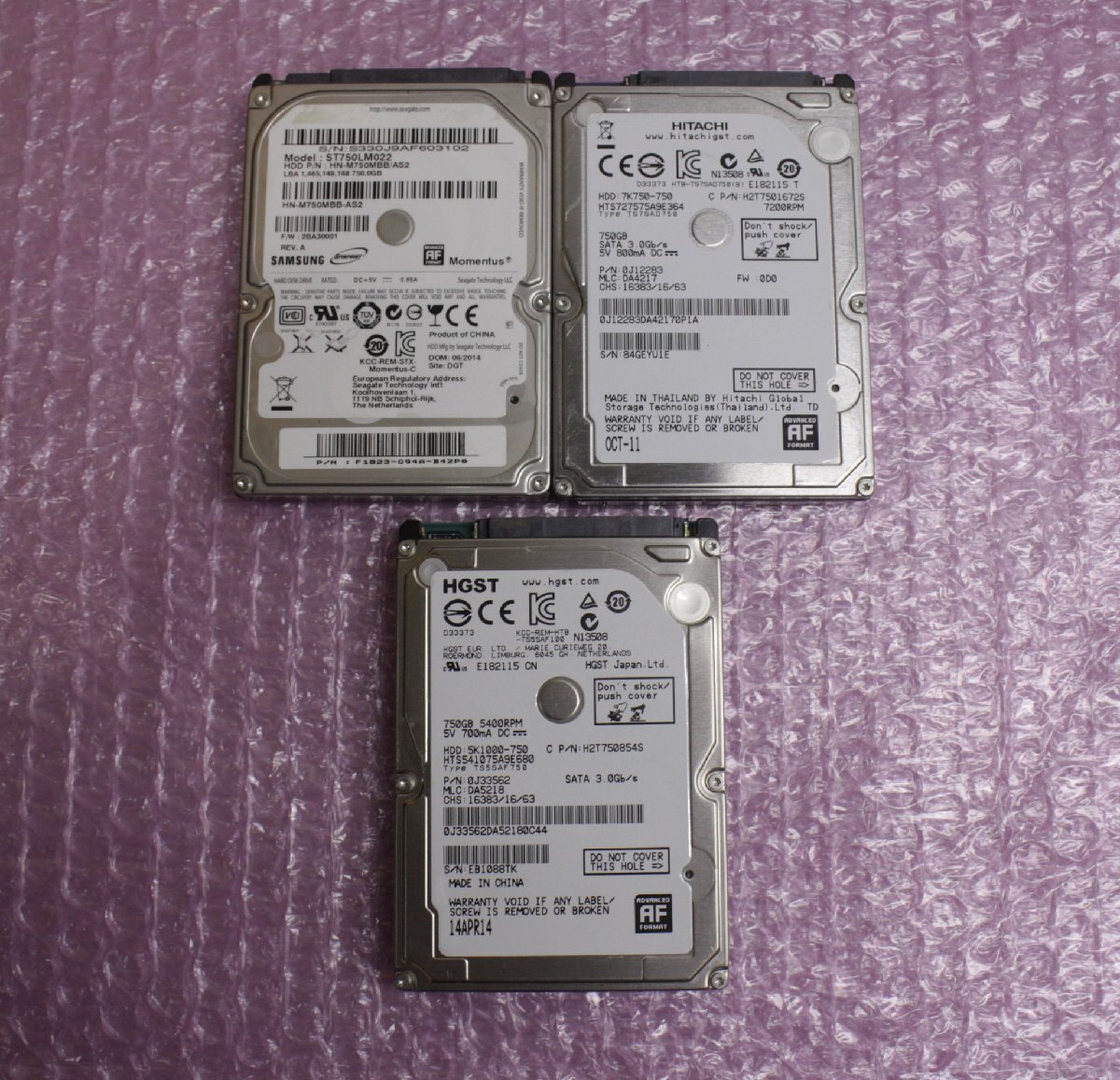 PT180 良品 使用時間少SAMUSNG HITACHI HGST 2.5インチ HDD 750GB 3個セット