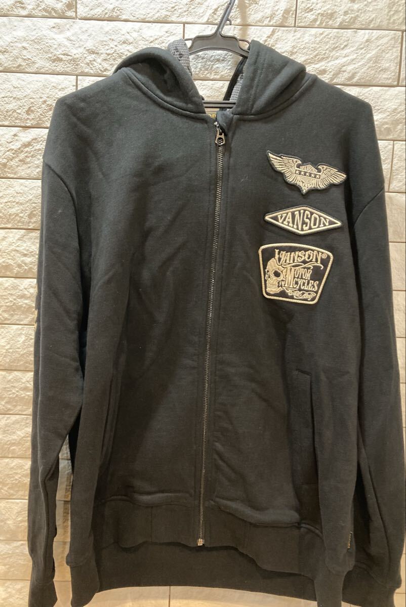 VANSON バンソン ファイヤー パターン オバールロゴ メンズ パーカーXL フルジップパーカー 黒 ブラック美品 サイズ XL 【12635】(3)
