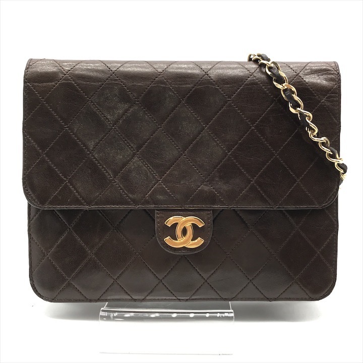 良品 CHANEL シャネル ココマーク マトラッセ ラムスキン チェーン ショルダー バッグ プッシュロック ブラウン k4088