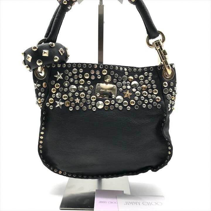 良品 JIMMY CHOO ジミーチュウ スタッズ ゴールド金具 レザー ハンド バッグ ブラック ブランド 鞄 かばん レディース a12147