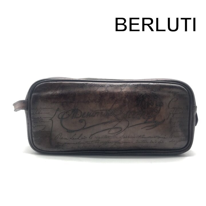 良品 Berluti ベルルッティ カリグラフィ セカンド ハンド バッグ レザー ポーチ ブラウン ブランド カバン BAG k7678