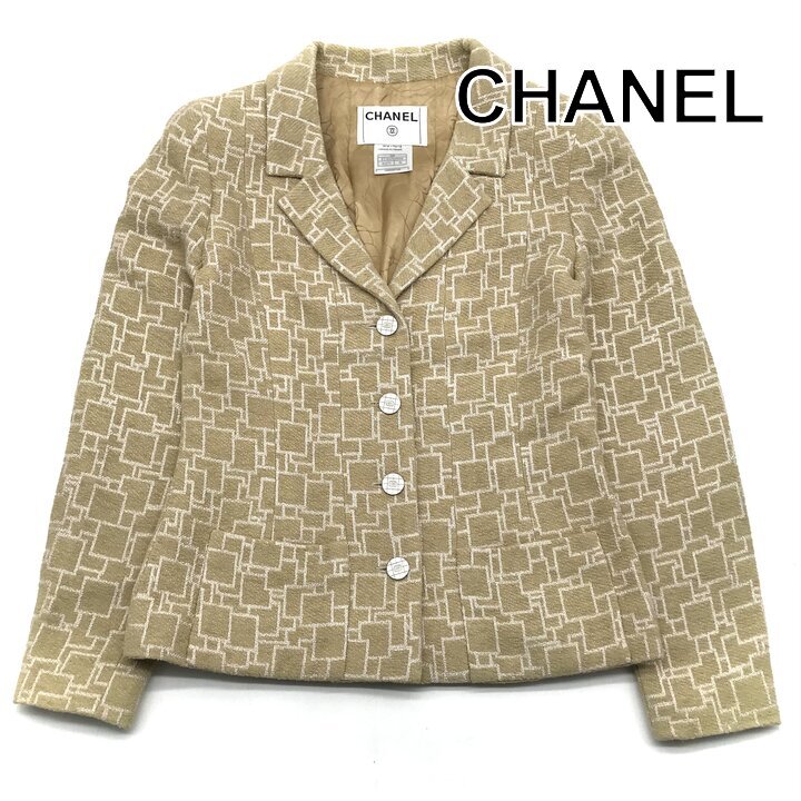 良品 CHANEL シャネル ココマーク ボタン ツイード 総柄 ジャケット 36号 アウター アイボリー ブランド ファッション 服 h817