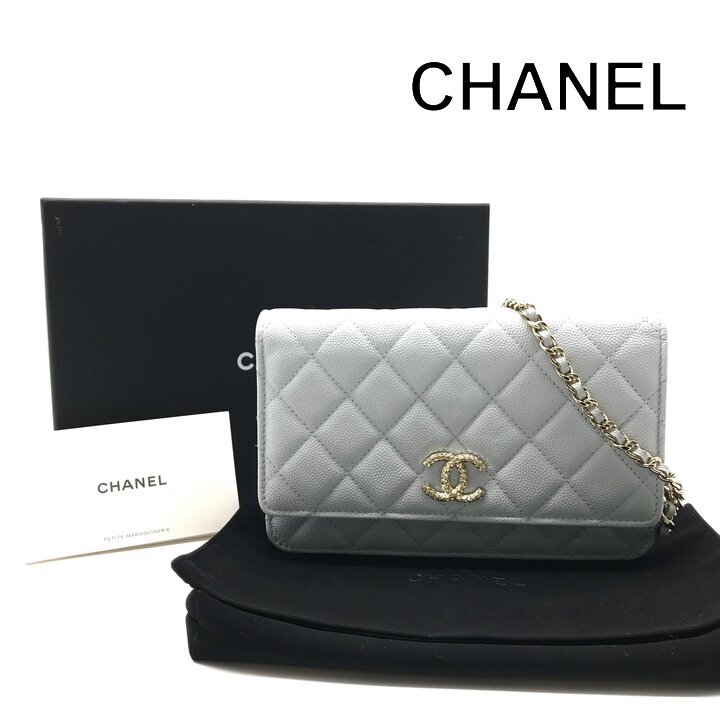 美品 CHANEL シャネル ココマーク キャビアスキン マトラッセ レザー チェーン ウォレット ショルダー バッグ 鞄 ライトブルー k7716