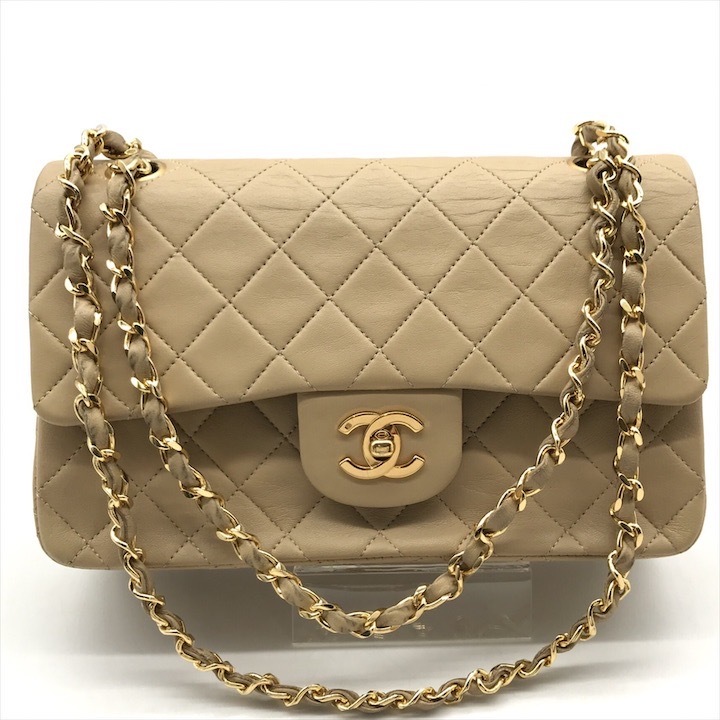 良品 CHANEL シャネル ココマーク マトラッセ Wフラップ Wチェーン ラムスキン チェーン ショルダー バッグ ベージュ レディース db14