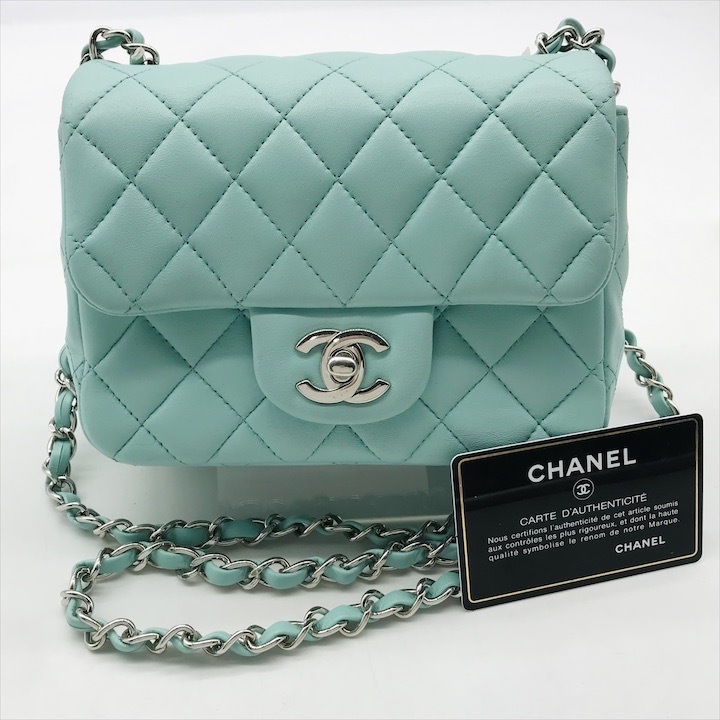 良品 CHANEL シャネル ココマーク ターンロック ラムスキン ミニマトラッセ チェーン ショルダー バッグ ブルー系 dc9