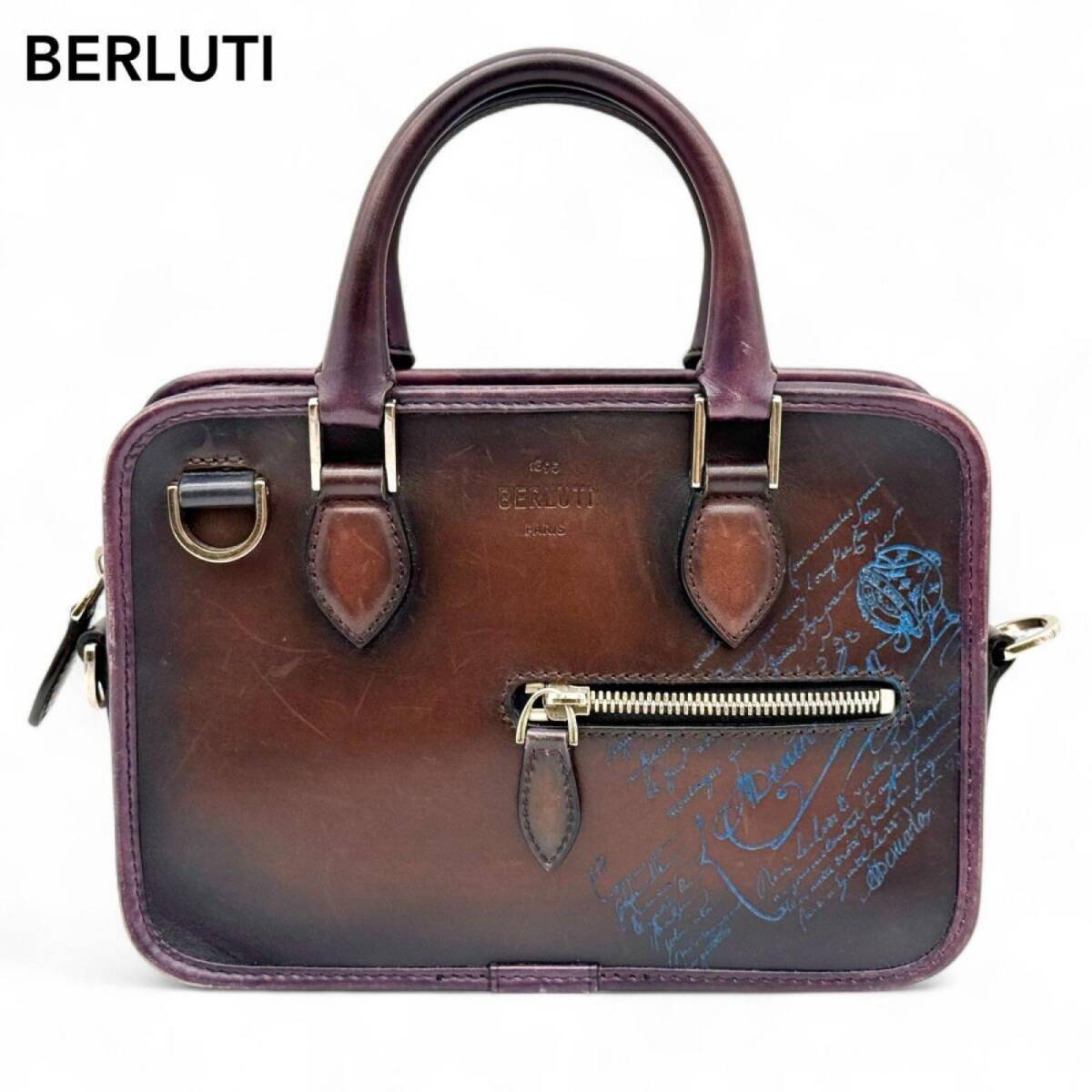 Berluti ベルルッティ カリグラフィ アンジュールガリバー レザー ナイロン ハンドバッグ ブラウン メンズ ハンドバッグ