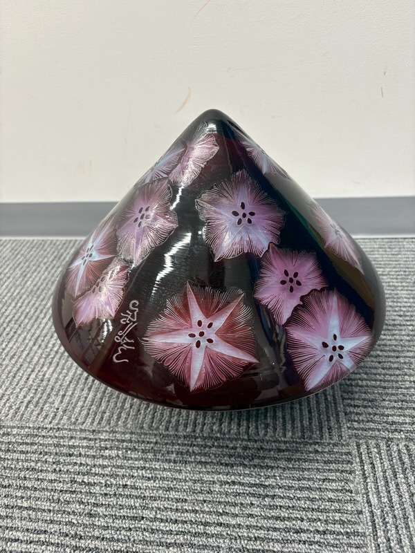 Z-24754【中古品】エミール・ガレ風 キノコ型ガラス 照明ランプ 朝顔？ ガラスのみ