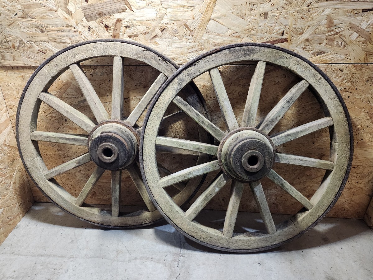 大八車 1台分 アンティーク 古民具 馬車　荷車 鉄枠 車輪 ガーデニング 古民家 昭和 レトロ 木製 鉄輪 オブジェ M
