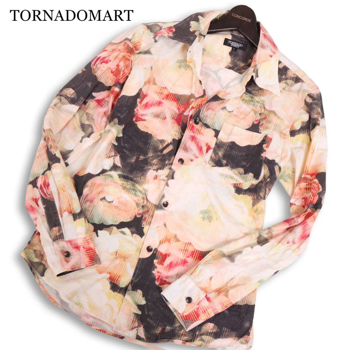 Y2K 00s vintage★ TORNADOMART トルネードマート 花柄×ストライプ フローラル総柄★ 長袖 シャツ Sz.L メンズ