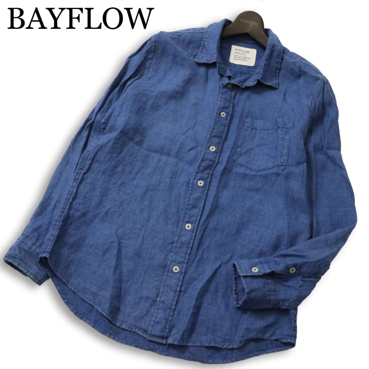 BAYFLOW ベイフロー 春夏 麻 リネン混 USED加工★ 長袖 ボタンダウン シャツ Sz.3 メンズ 紺 ネイビー