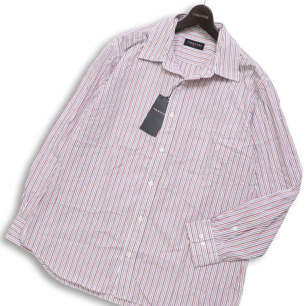 【新品 未使用】 VESVIO ベスビオ 春夏 コットン100%★ 長袖 ストライプ ボタンダウン シャツ Sz.LL メンズ 大きいサイズ