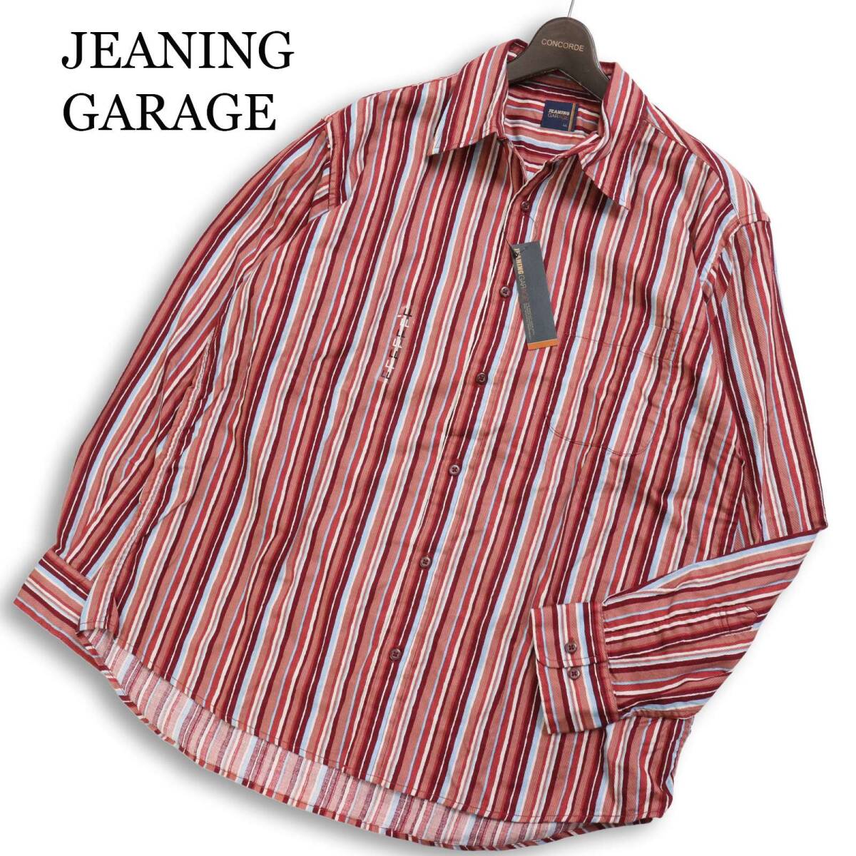 【新品 未使用】 JEANING GARAGE ジーニングガレージ 通年★ 長袖 マルチ ストライプ シャツ Sz.LL メンズ 大きいサイズ