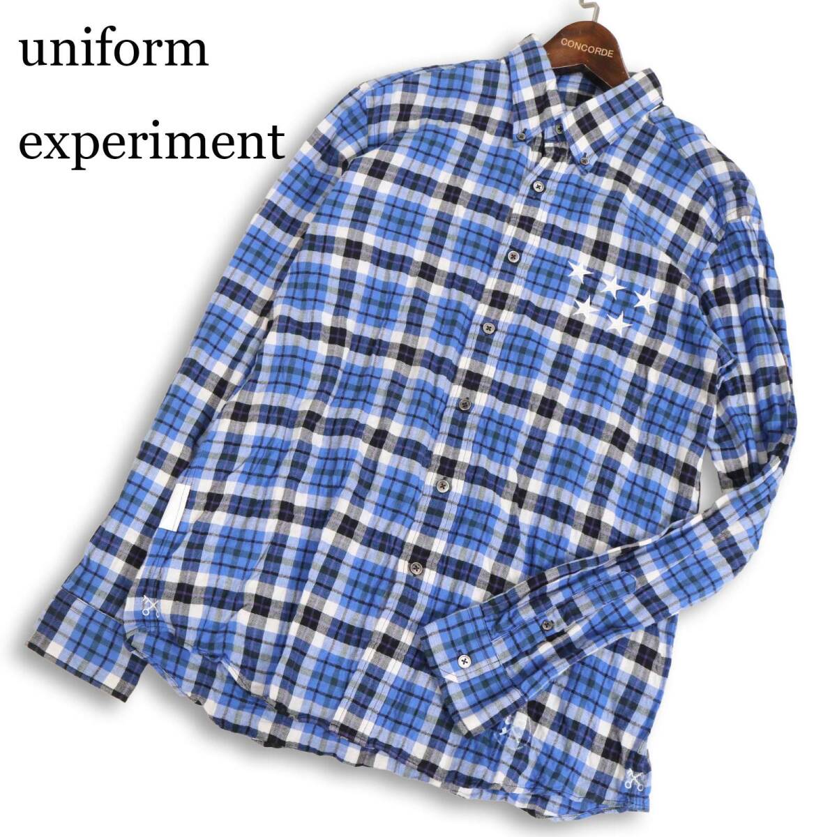 uniform experiment ユニフォームエクスペリメント 5スター刺繍★長袖 シワ加工 ボタンダウン チェック シャツ Sz.2　メンズ