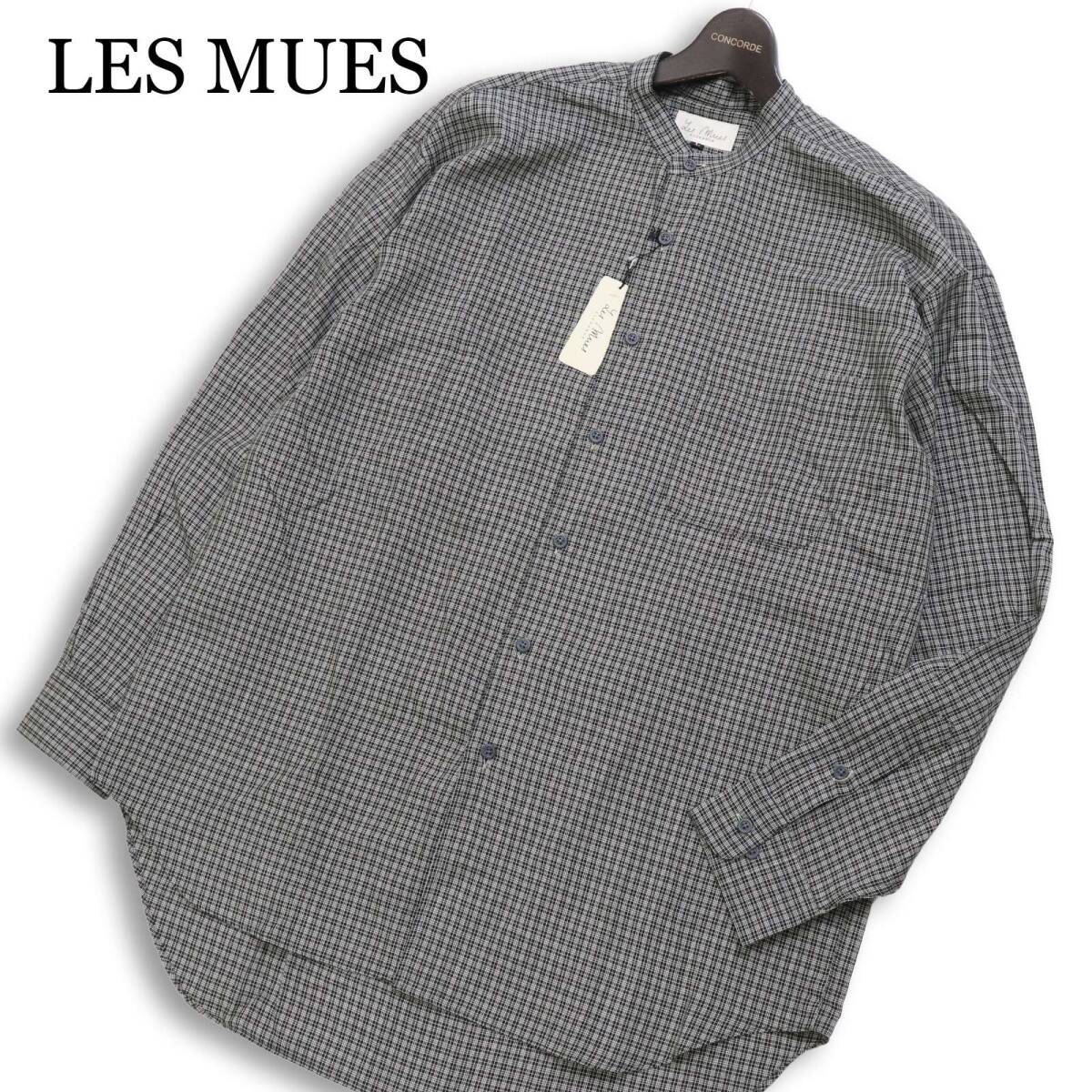 【新品 未使用】 LES MUES レミュー 通年★ 長袖 チェック ビッグシルエット バンドカラー シャツ 日本製 Sz.L メンズ