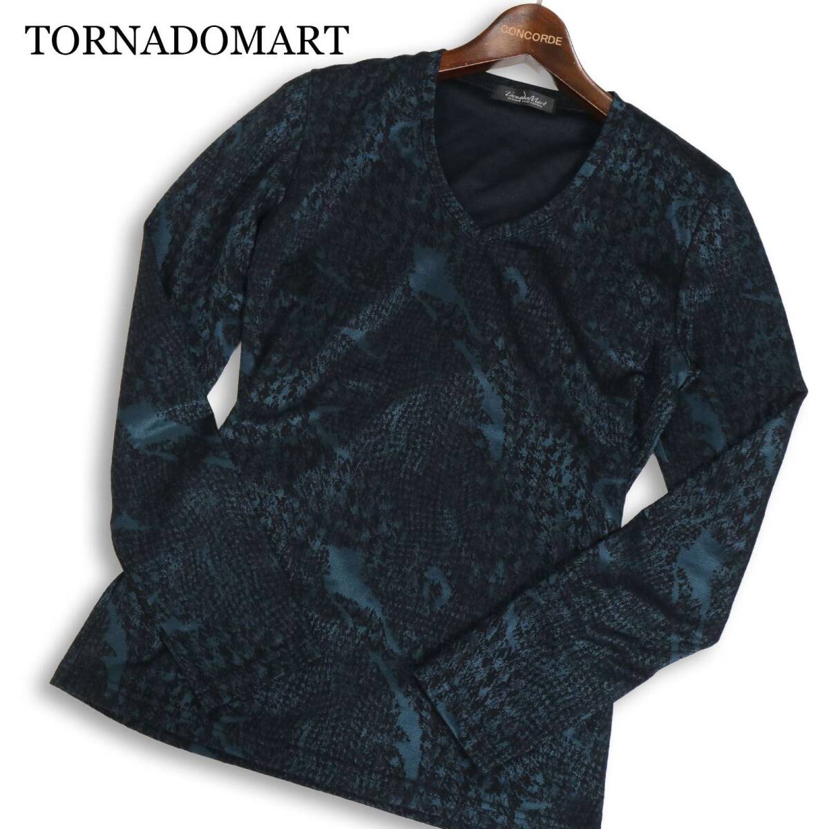 TORNADOMART トルネードマート 通年 ブライト クラッシュ千鳥 総柄★ 長袖 Vネック カットソー Sz.M　メンズ 日本製