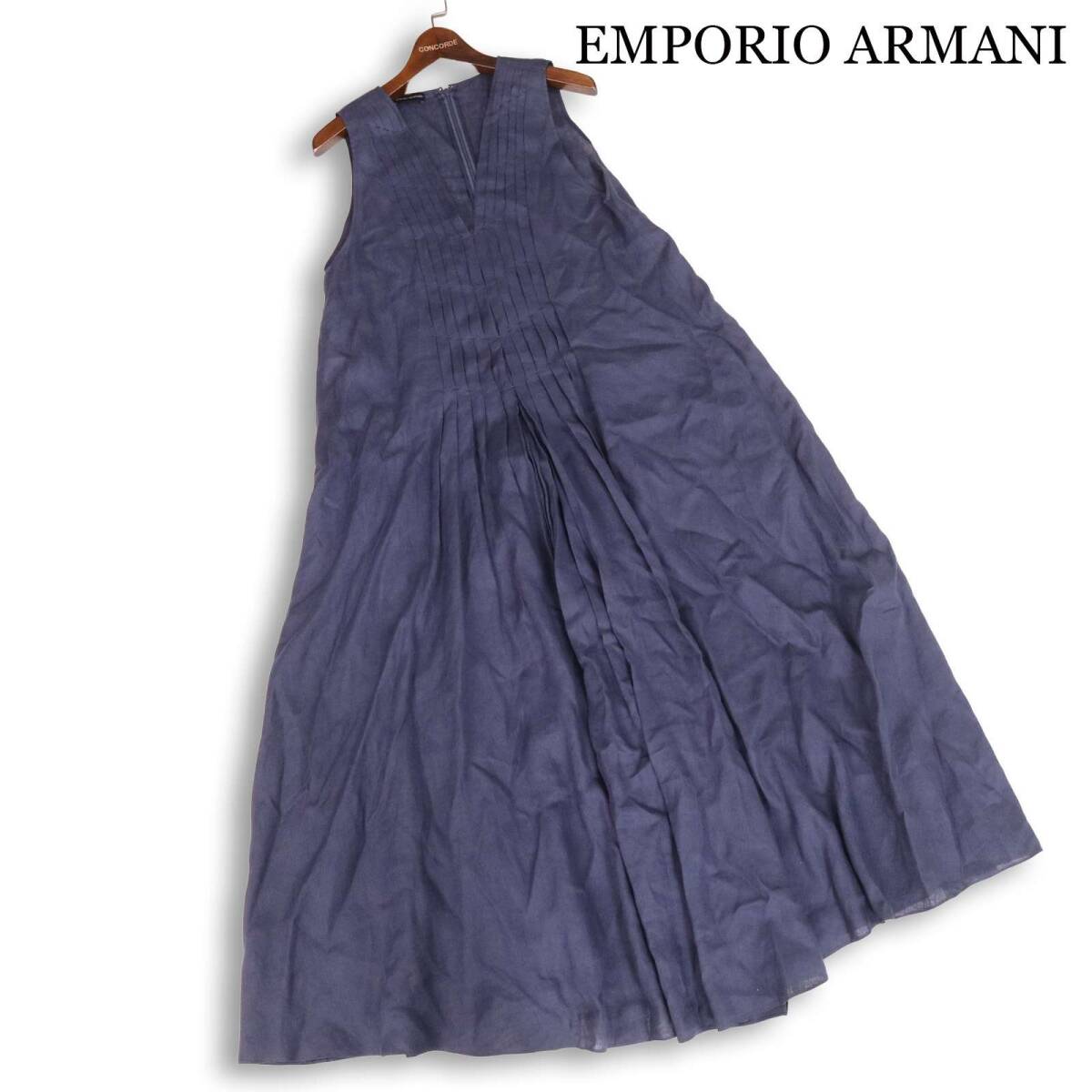 EMPORIO ARMANI エンポリオ アルマーニ 麻 リネン100％♪ ノースリーブ タック マキシ ロング ワンピース Sz.42 レディース