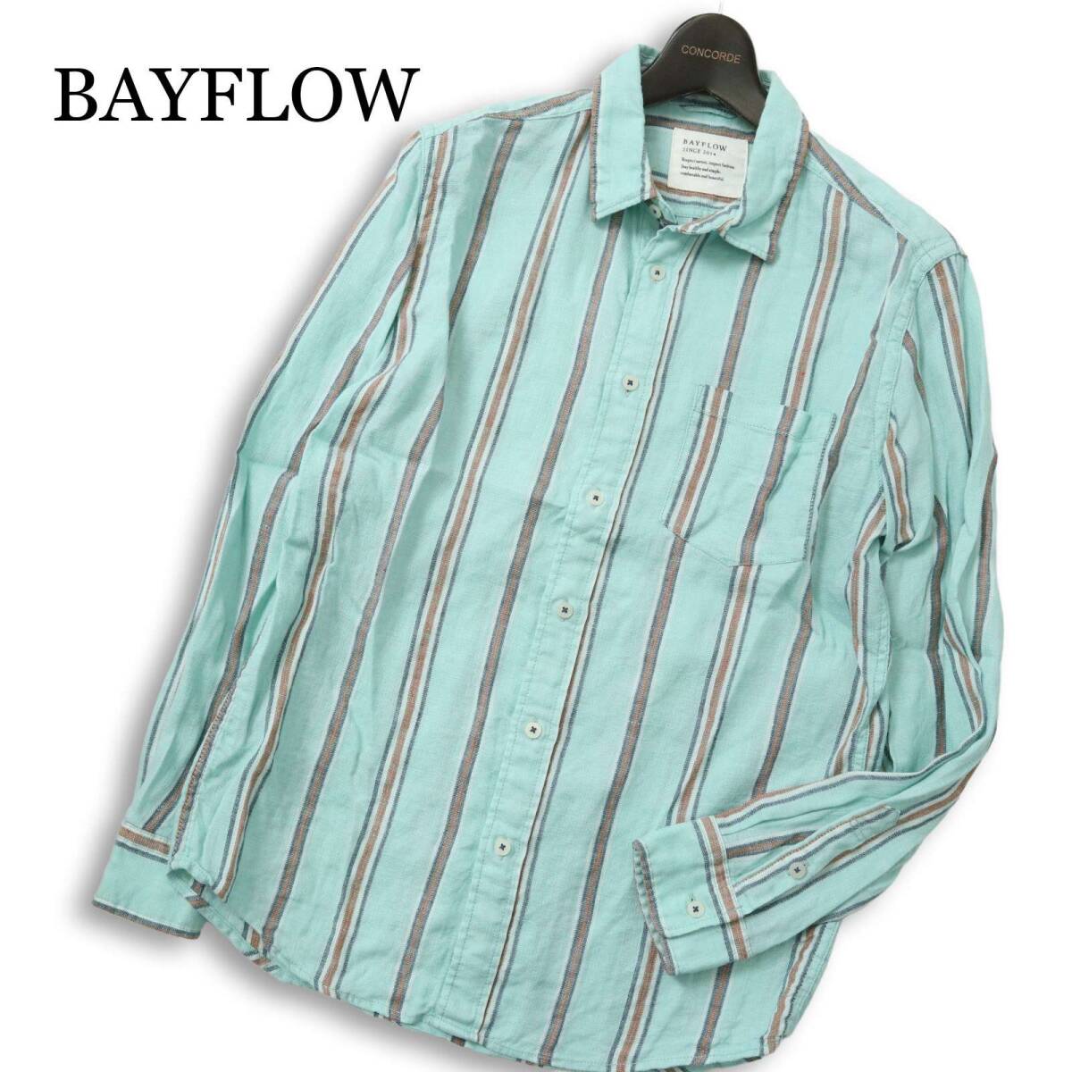 BAYFLOW ベイフロー 春夏 麻 リネン★ 長袖 マルチ ストライプ シャツ Sz.3 メンズ