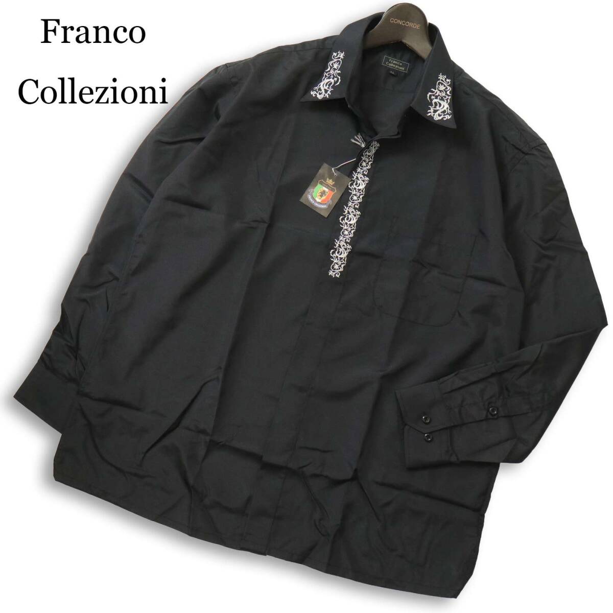 【新品 未使用】 Franco Collezioni フランコ・コレツィオーニ 通年★ 長袖 刺繍 シャツ Sz.LL メンズ 黒 大きいサイズ