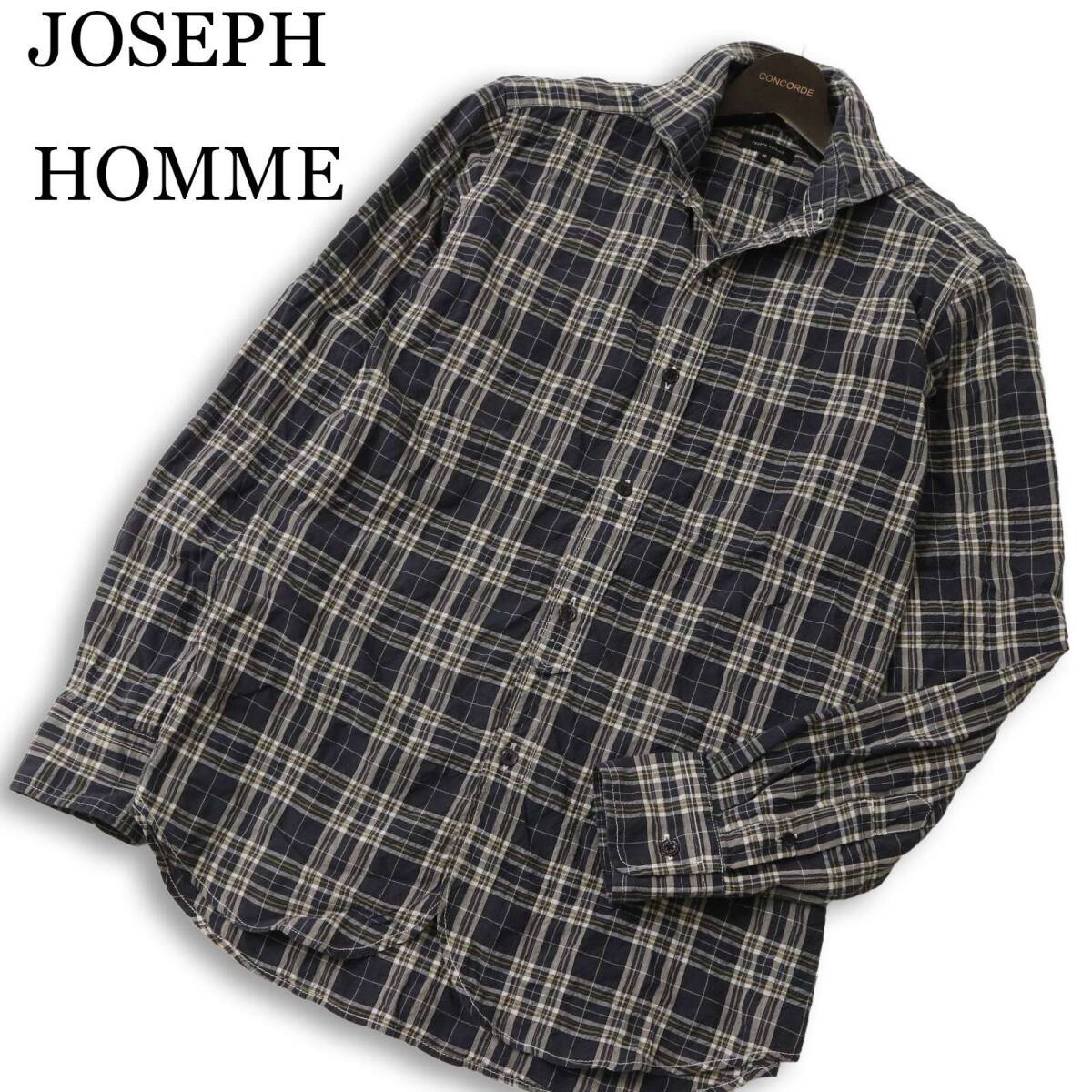 JOSEPH HOMME ジョセフ オム 春夏★ 麻 リネン混 長袖 チェック シャツ Sz.46 メンズ 紺 ネイビー