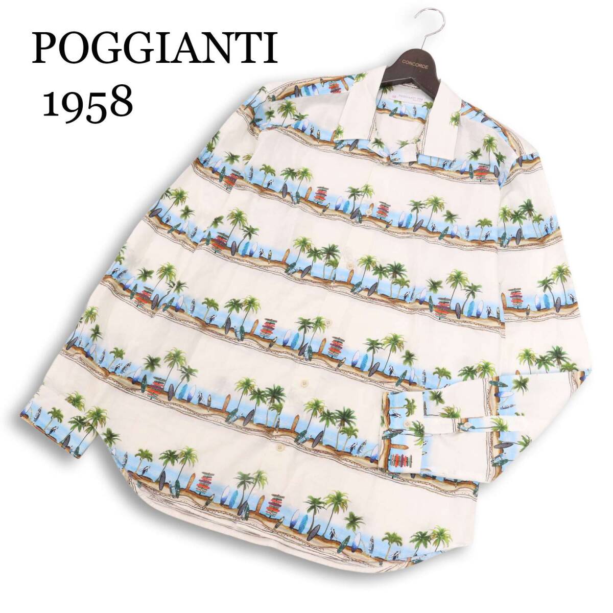 【美品 イタリア製】POGGIANTI 1958 ポジャンティ 通年★ 長袖 サーフ&アロハ柄 シャツ Sz.L メンズ