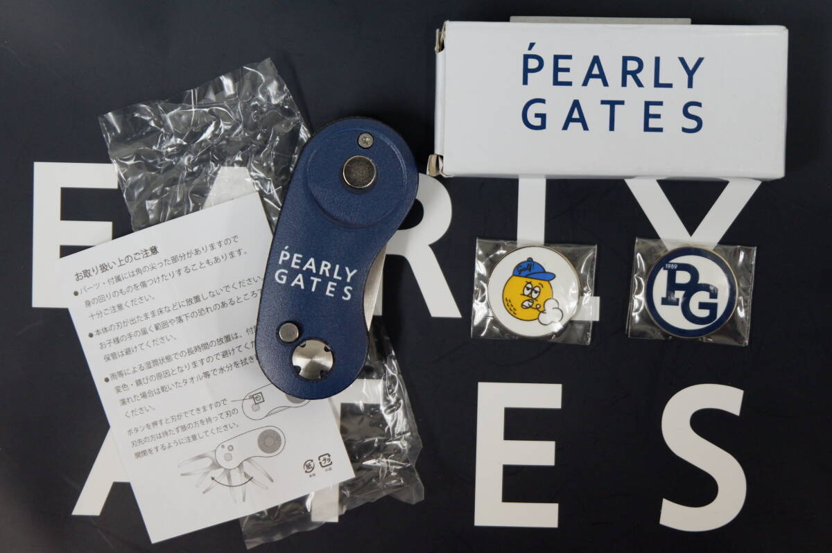 パーリーゲイツ PEARLY GATES 折りたたみ式 2本刃 グリーンフォーク ネイビー & マーカー2個 新品 43