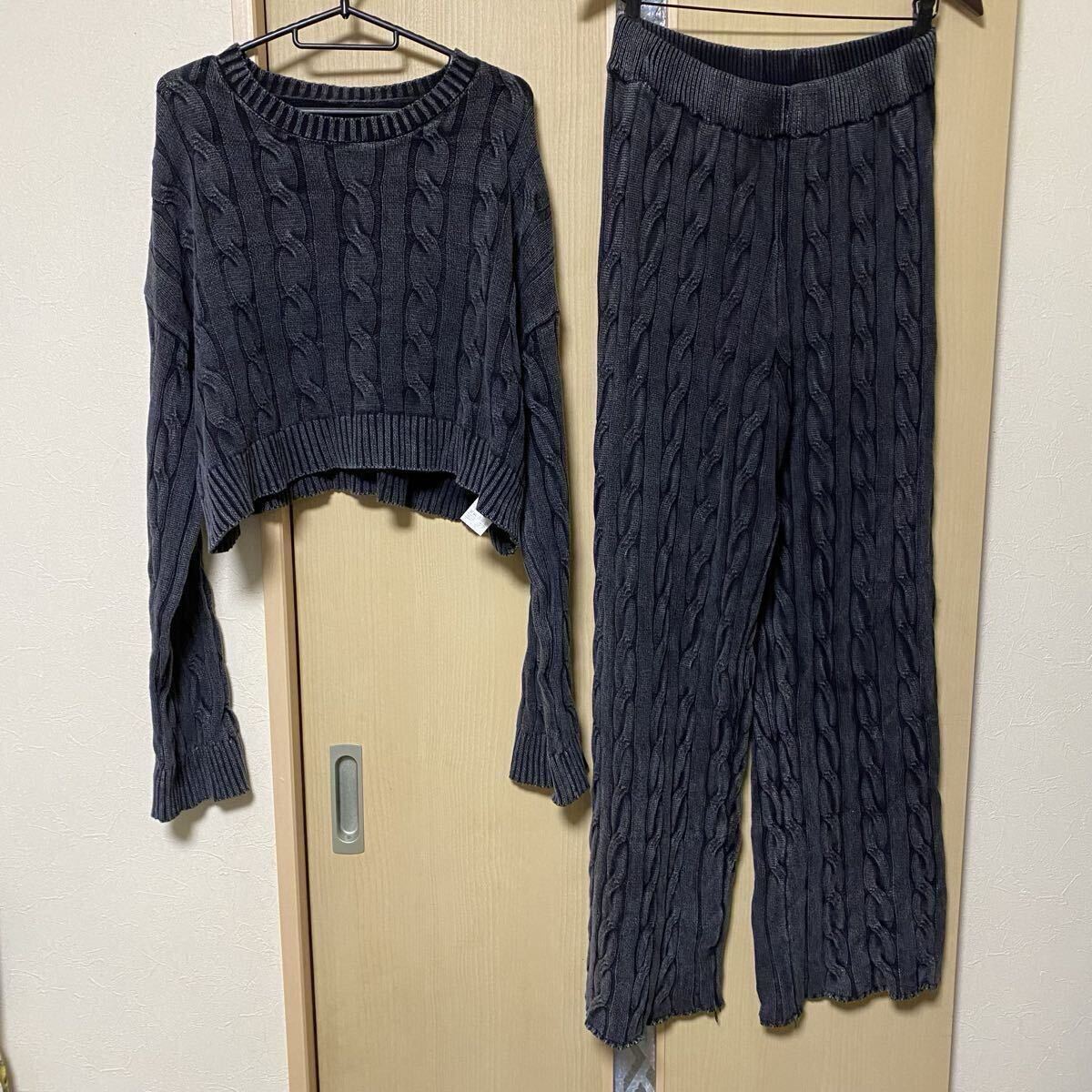 セットアップ 長袖 長ズボン パンツ セーター ニット ダークグレー ルームウェア L